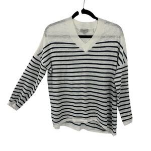 Kinross Linen V Neck Sweater Womens Small White Navy Nautical Striped Pullover